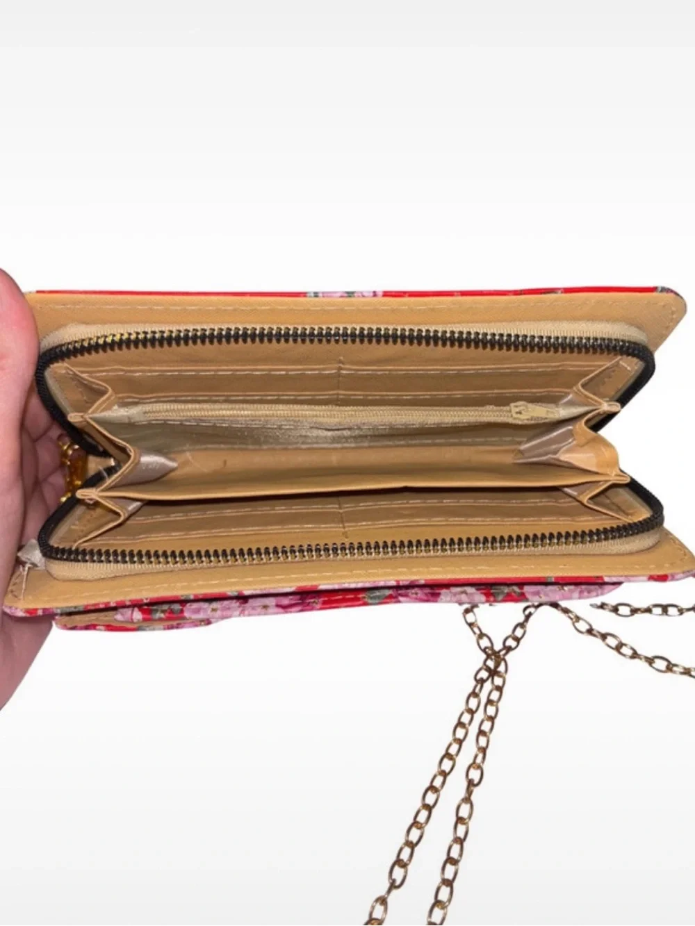 sparkly red shoulder wallet, hip length chain